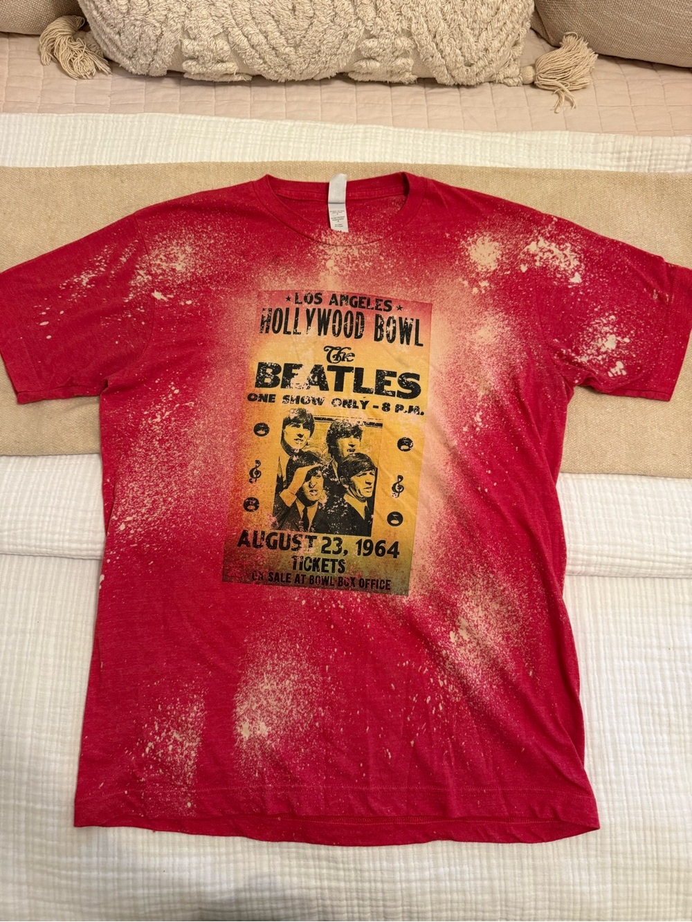 Gildan red Beatles Hollywood Bowl graphic tee with bleach splatter